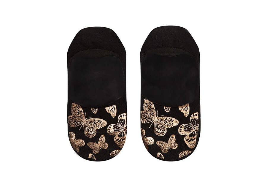 Meias Toms Ultimate No Show Socks Foiled Butterflies Pretas Douradas | PT091-113